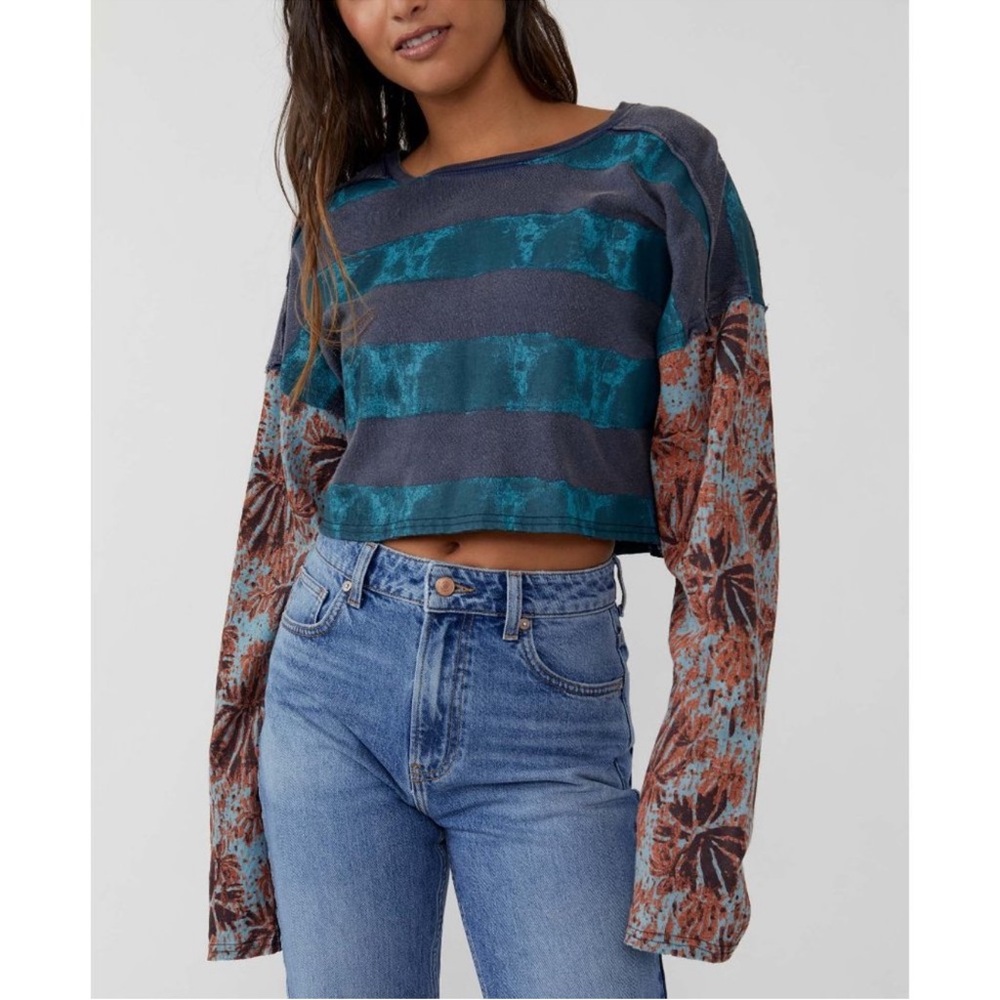 Free People We The Free Jamie Tee Striped With Printed Sleeves